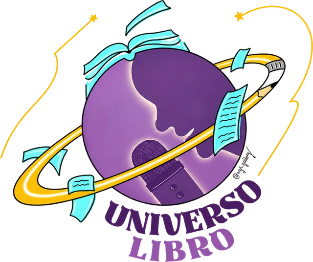 Logotipo de Universo Libro: un planeta morado con una silueta ante un micrófono, rodeado por un anillo dorado, libros y hojas, con el texto Universo Libro, obra de Nerea Galván